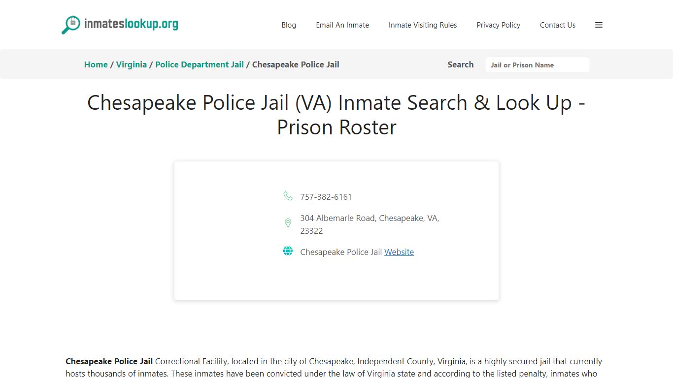 Chesapeake Police Jail (VA) Inmate Search & Look Up - Prison Roster